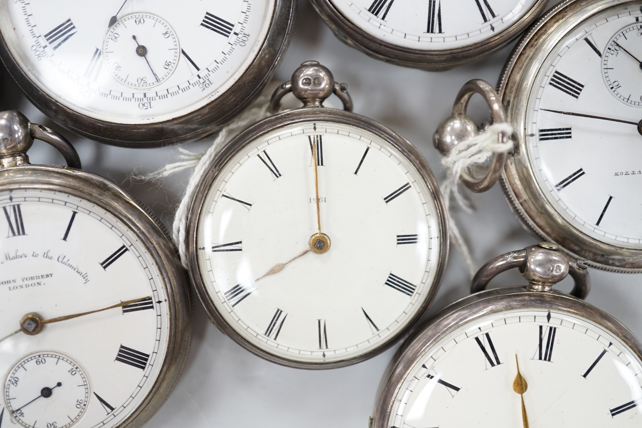 Ten assorted silver or white metal pocket watches including Sir John Bennett and Acme Lever.